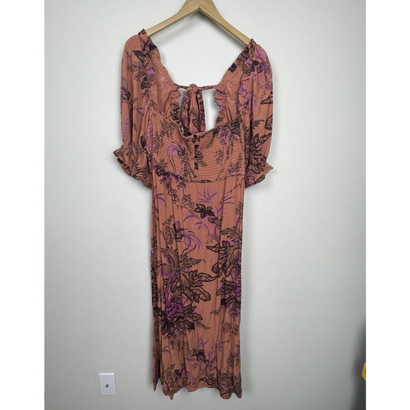 NWT Anthropologie Dress L Orange Floral Boho Prairie Festival Smocked‎ Open Back - Picture 4 of 10